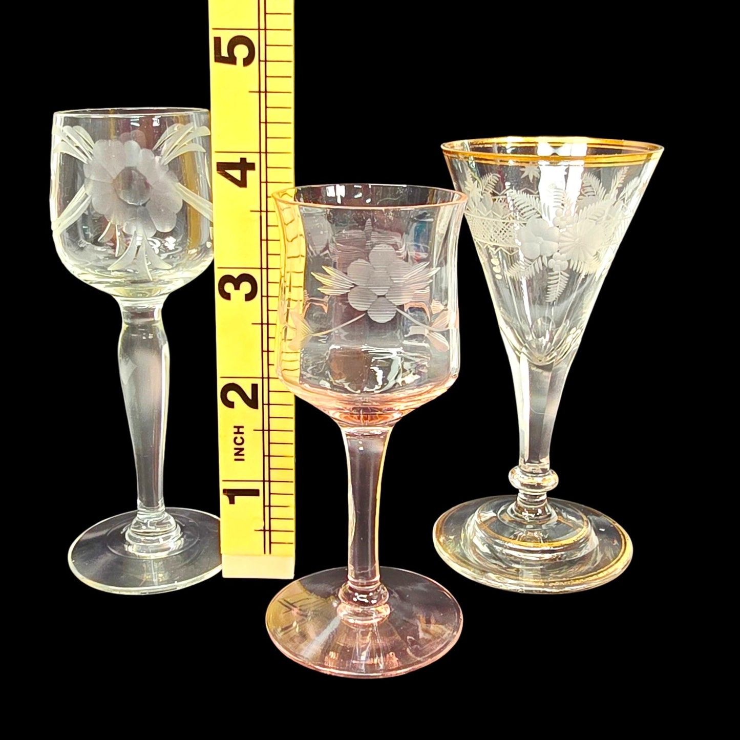 Trio of Petite Vtg Cordial Glasses Mismatched Minitature Liqueur Glass Set Read