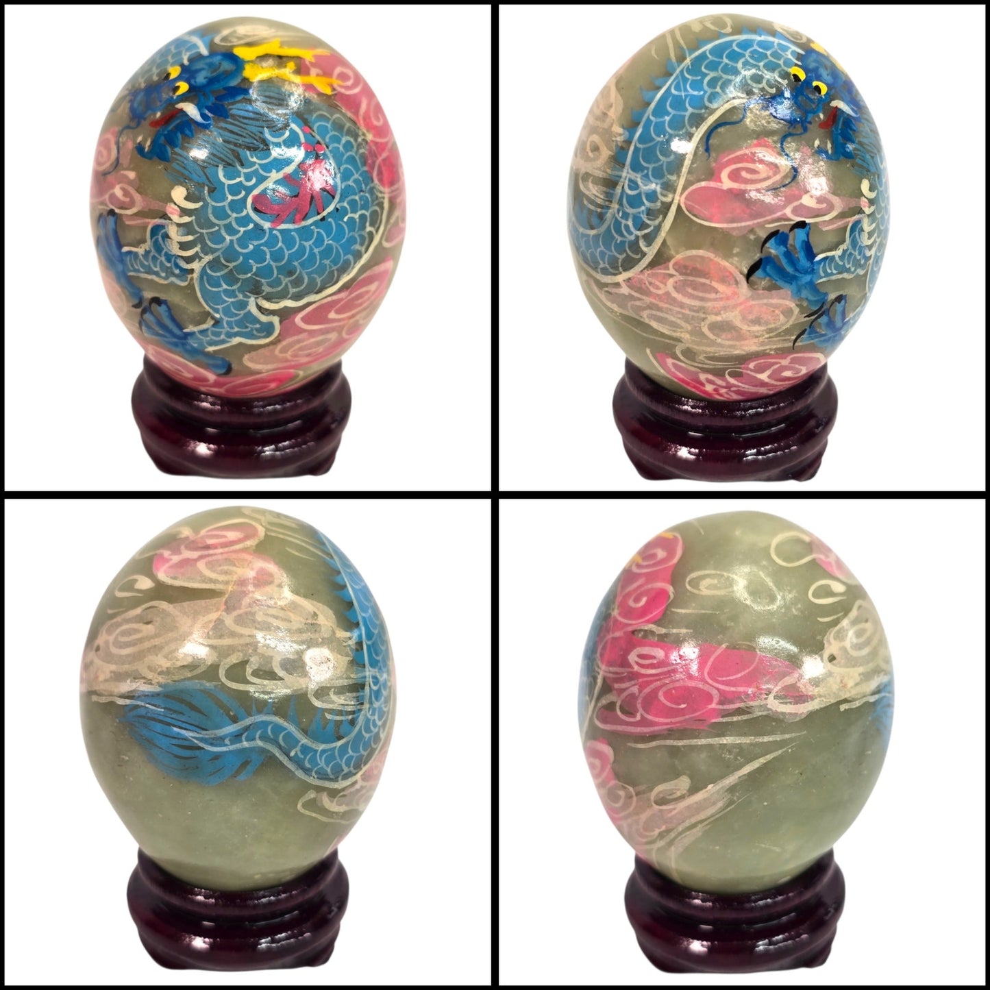Vtg Set of 6 Chinese Hand Painted Dragon Eggs Green Marble Stone w/ Stands & Box