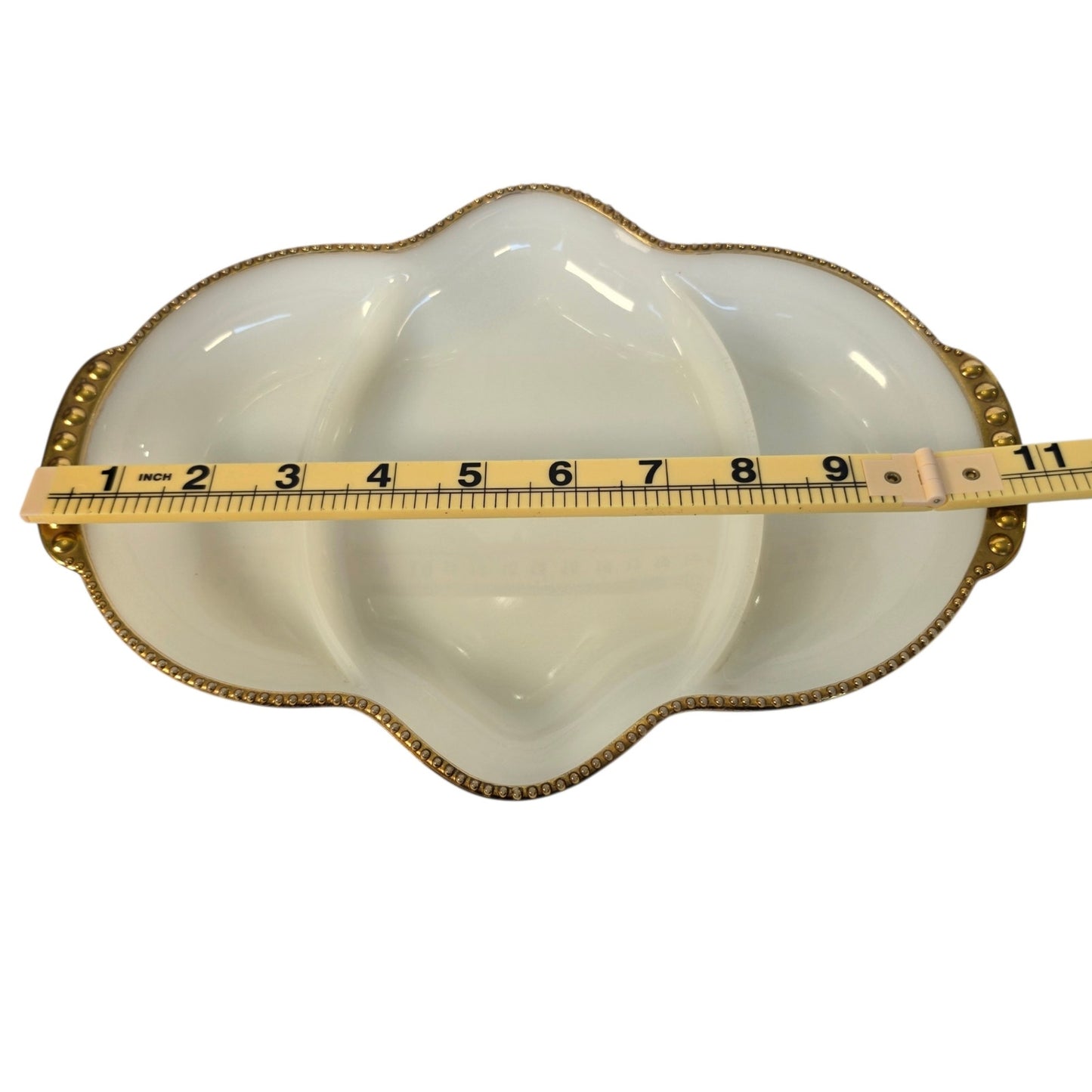 Vtg Fire-King Milk Glass Divided Relish Dish 22K Gold Trim Vanity Recency MCM