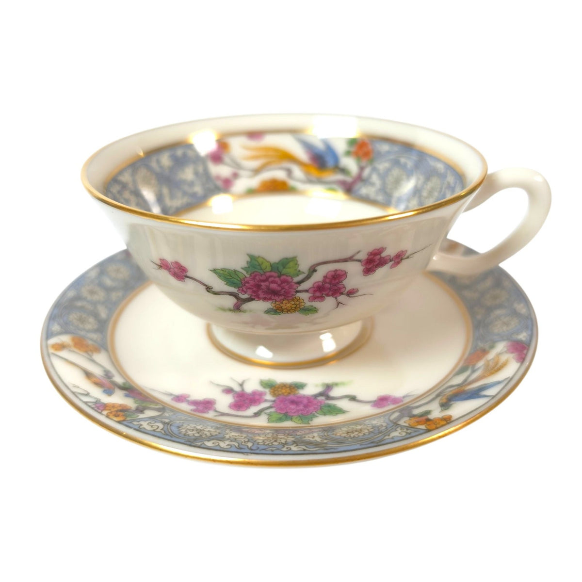 Vintage Lenox Ming P-16 Footed Teacups & Saucers Set of 2 Bird Floral Gold USA