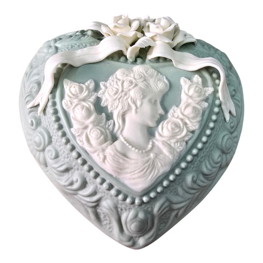 (Reserved for Customer) Large Vintage Jasperware Green Heart Shaped Dresser Box, Cameo & Floral Ribbon