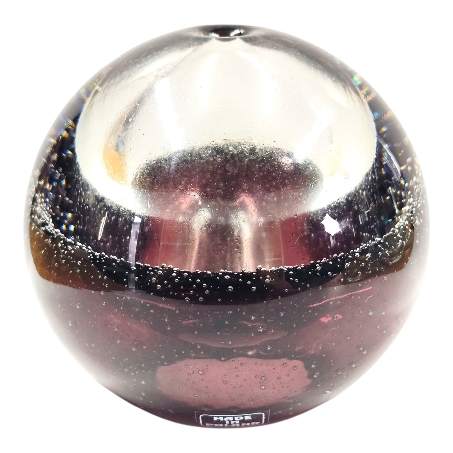 Polish Art Glass Orb Oil Lamp Paperweight Purple Glass Control Bubbles
