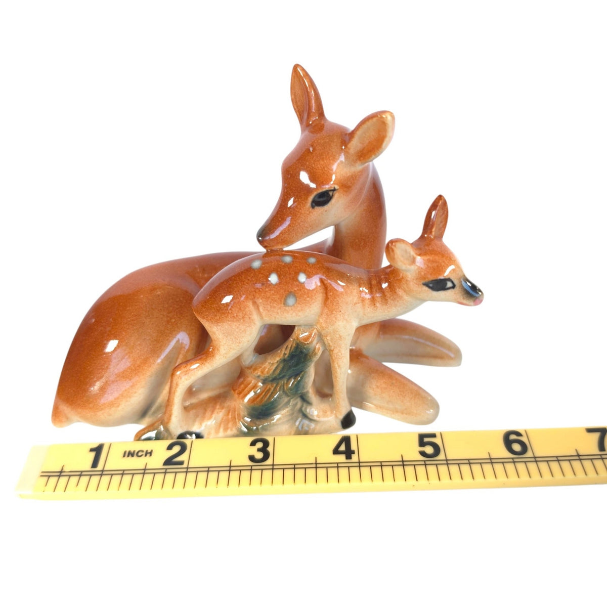 Vintage Ceramic Mother Deer & Spotted Fawn Figurine Doe Baby Woodland 5.75"