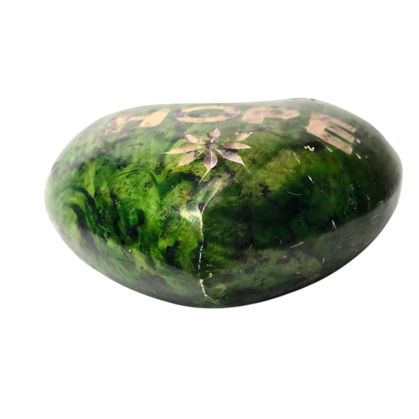 Carved Soapstone Heart Paperweight Green HOPE Etched Flower India Heavy 4"