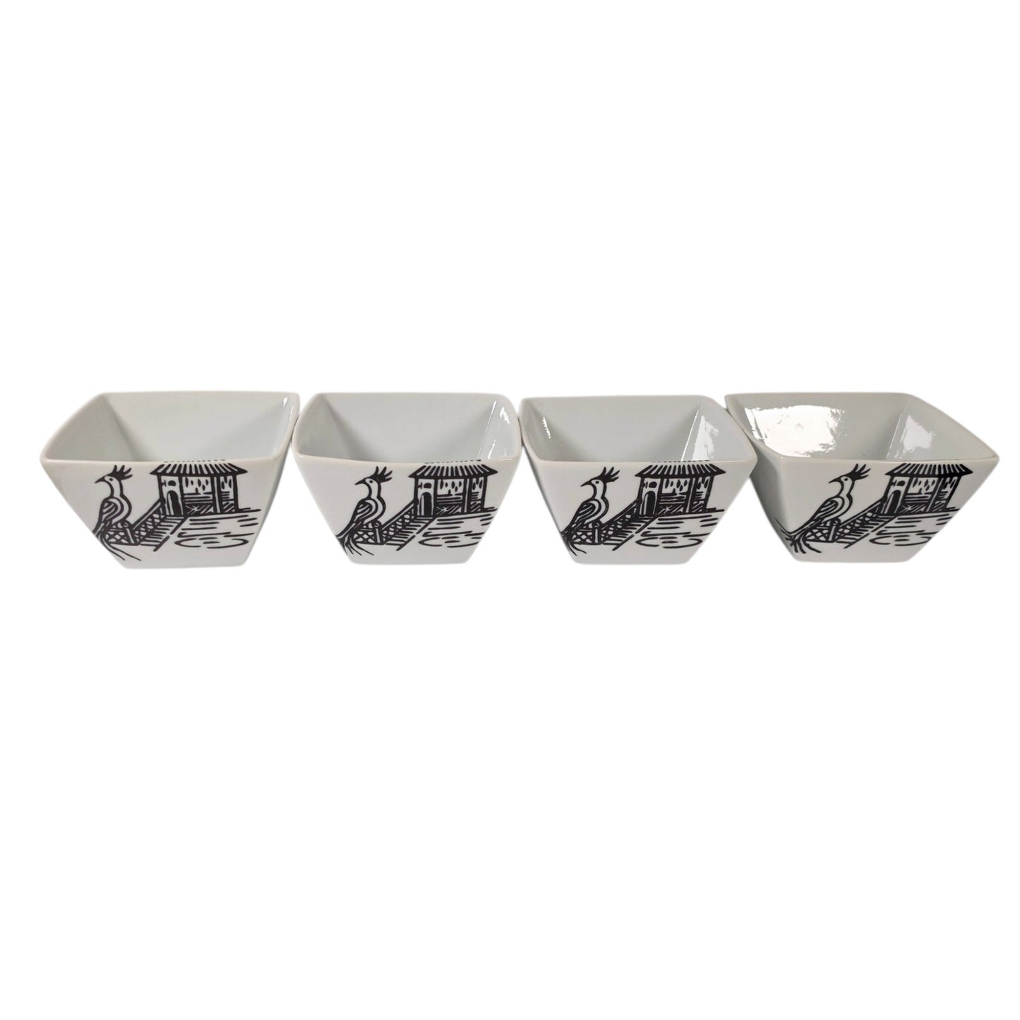 World Market Set of 4 Square Noodle Bowls Asian Pagoda Bird Japandi Boho Minimal
