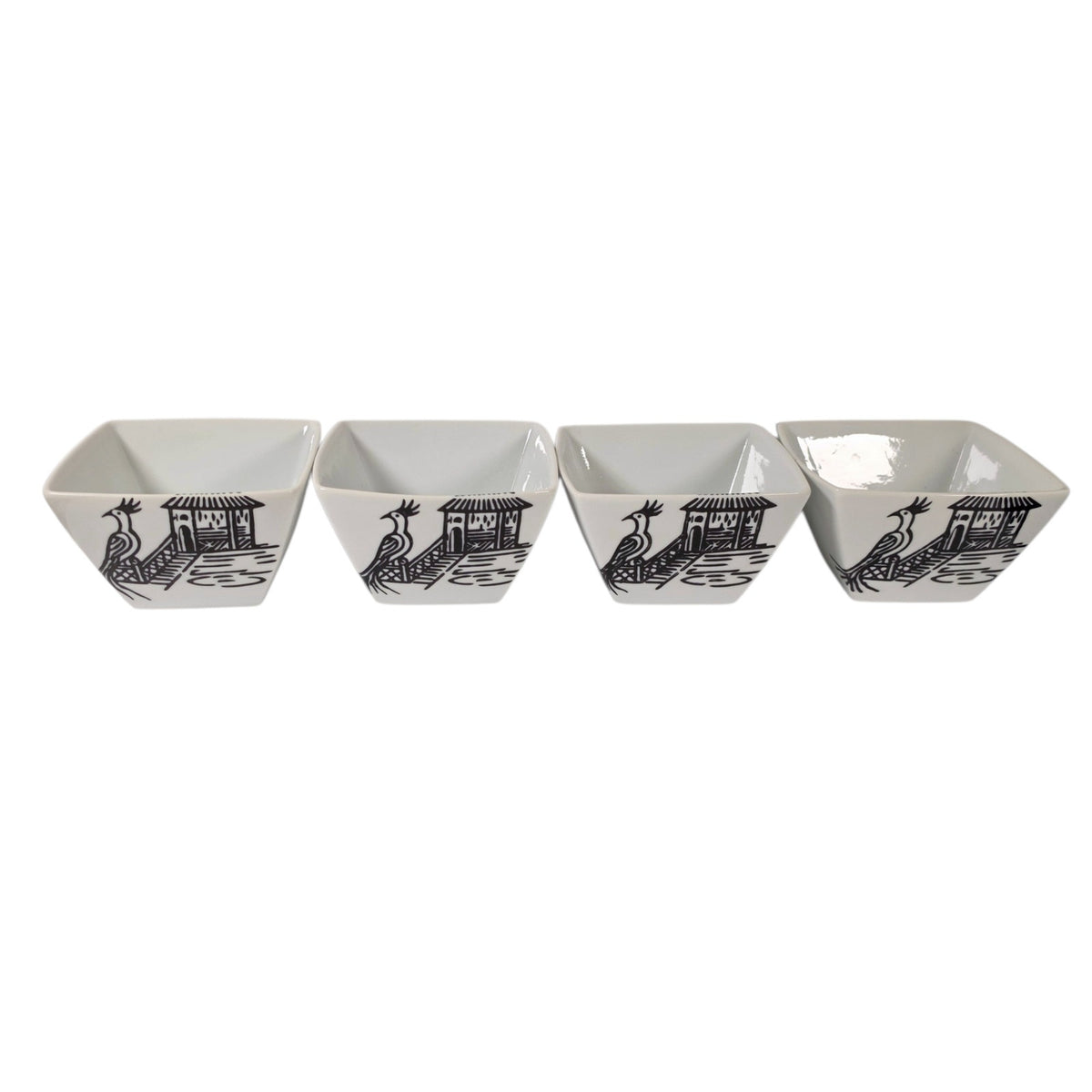 World Market Set of 4 Square Noodle Bowls Asian Pagoda Bird Japandi Boho Minimal