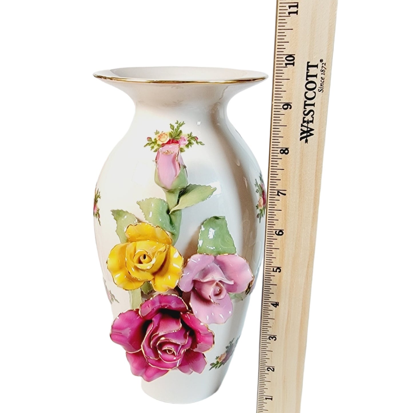 AS IS Royal Albert "Old Country Roses" Sculpted Flower Vase, Small Chips: Rim, Flowers 9.5" FLAW