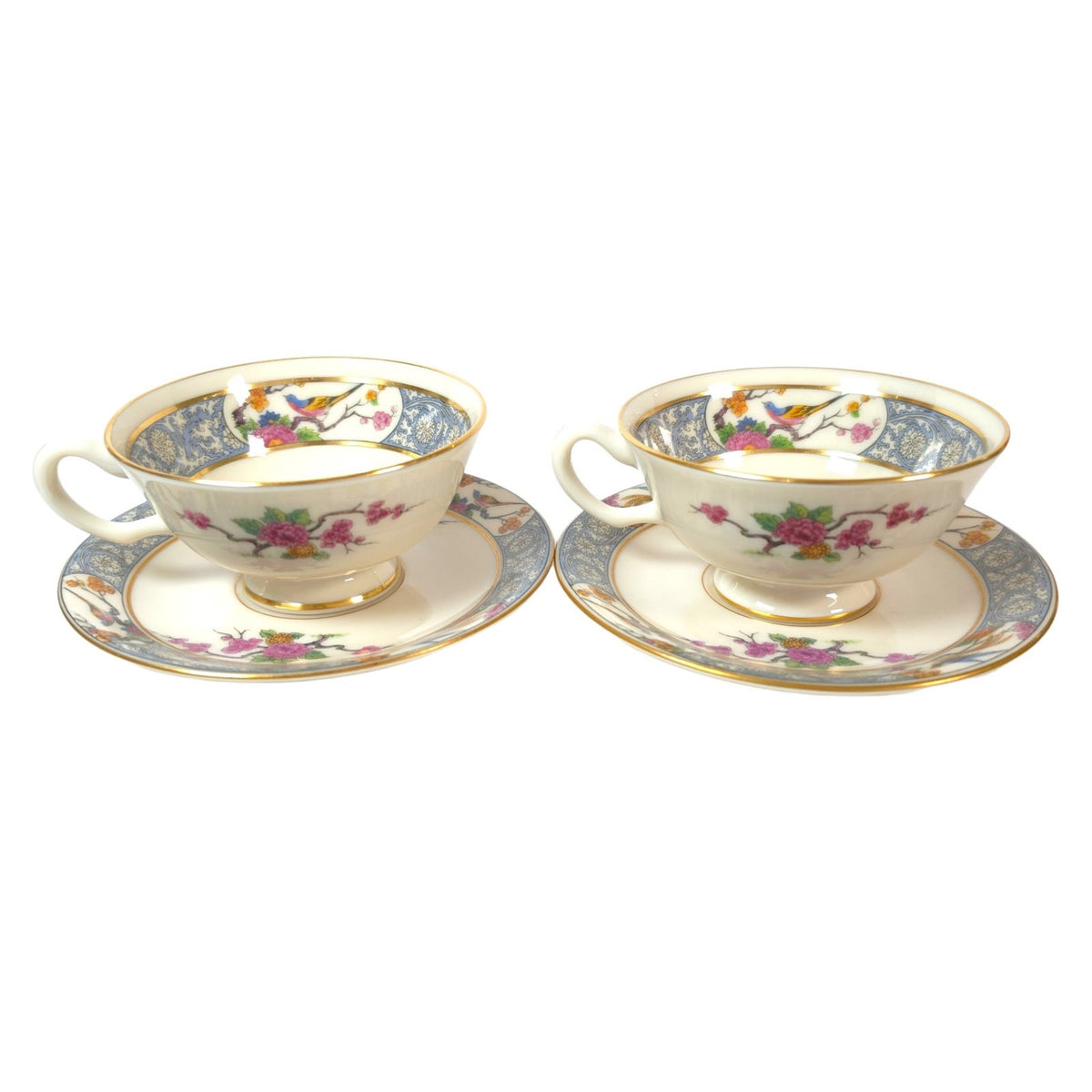 Vintage Lenox Ming P-16 Footed Teacups & Saucers Set of 2 Bird Floral Gold USA