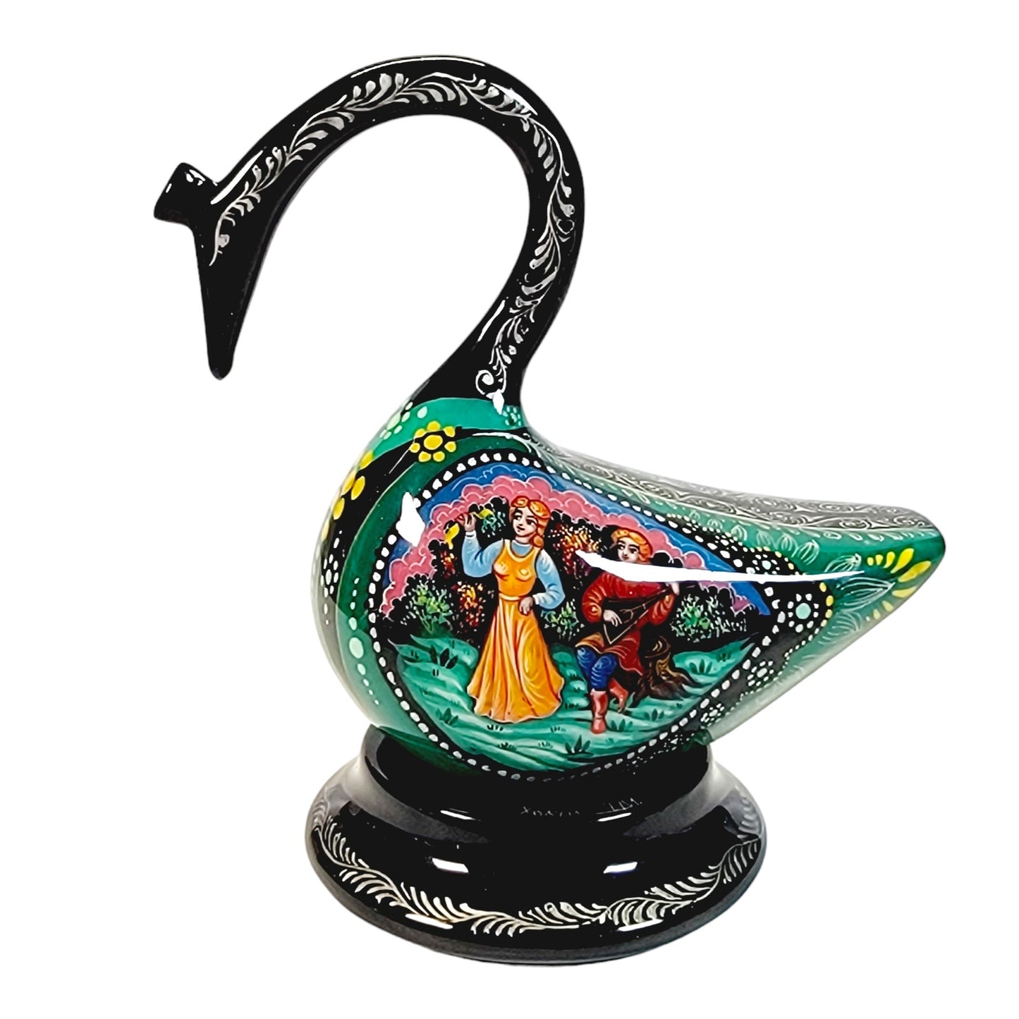 Signed Russian Decorative Lacquer Swan on Stand with Courting Couple