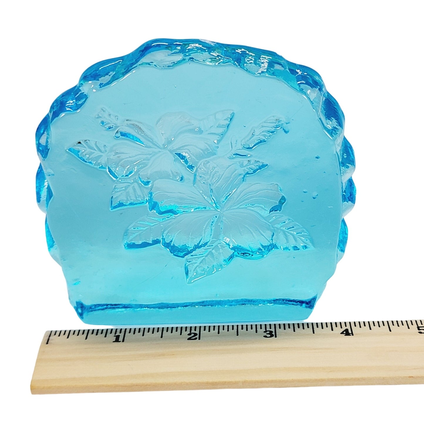 Blue Glass Hibiscus 🌺 Reverse Carved Crystal Art Glass Paperweight