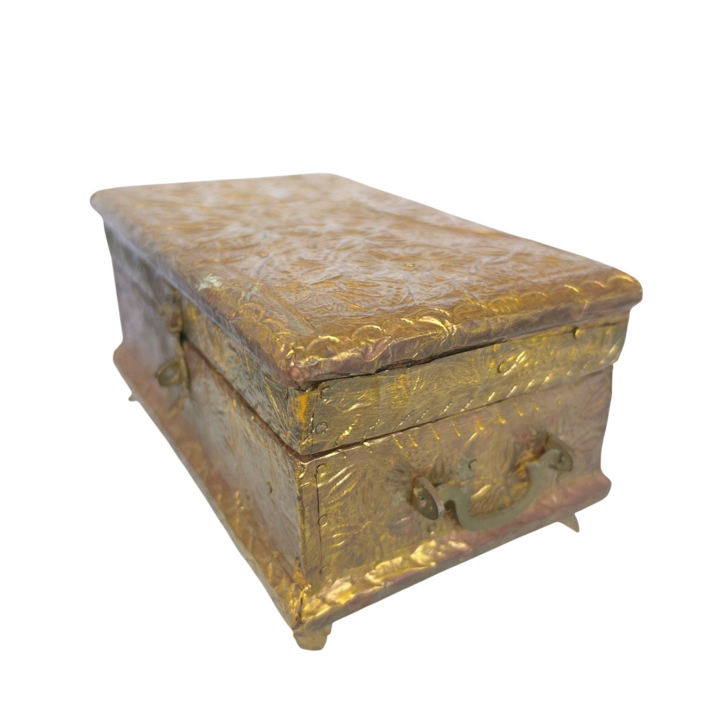 (Reserved for Customer) Vintage Embossed Repousse Brass Jewelry Box Red Velvet Lined Ornate Features
