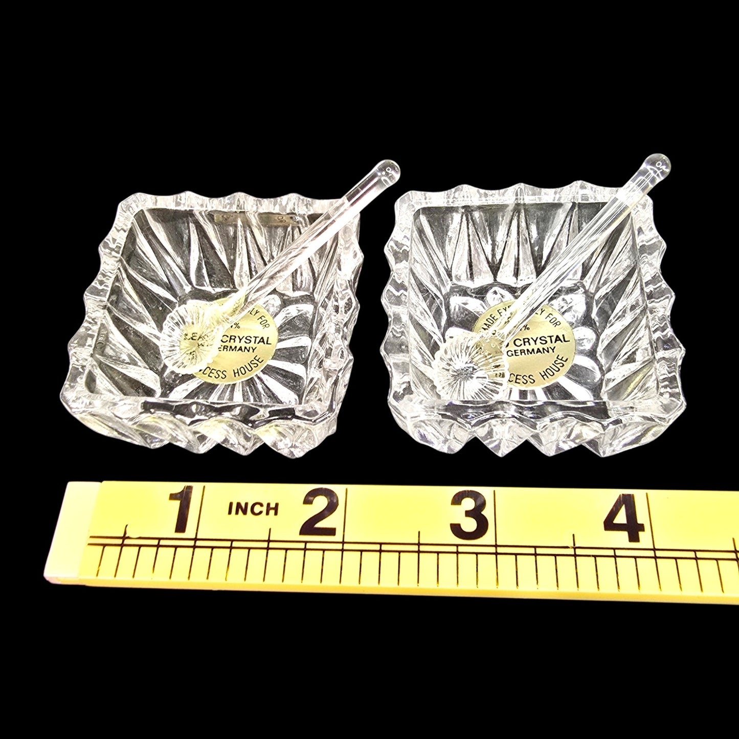 Vtg Princess House Crystal Salt Cellars & Tiny Glass Spoons W. Germany 24% Lead