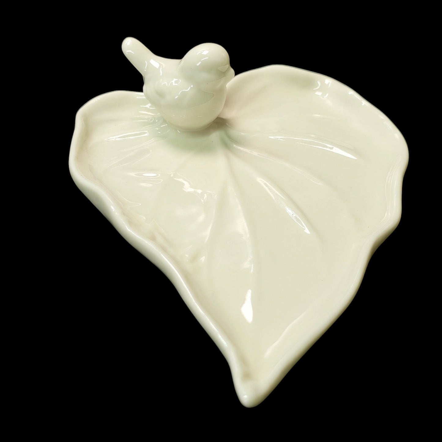 White Ceramic Song Bird on Leaf Jewelry Tray