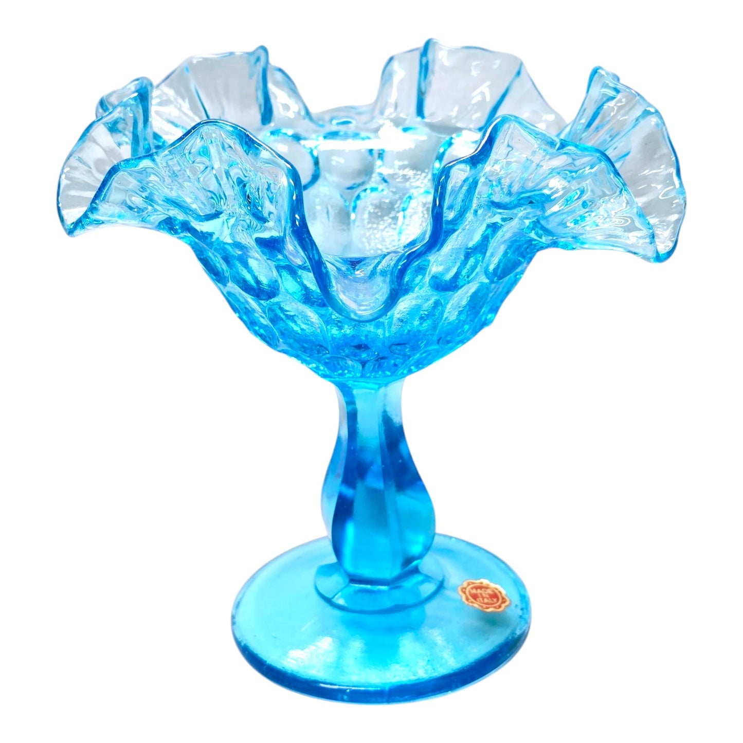 AS IS Fenton Blue Ruffled Pedestal Compote Coin Dot Candy Dish Glows Manganese