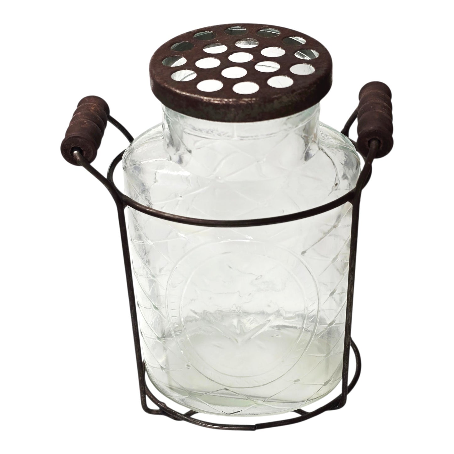 Rustic Farmhouse Glass Floral Vase with Fixed Flower Frog Lid & Wire Caddy
