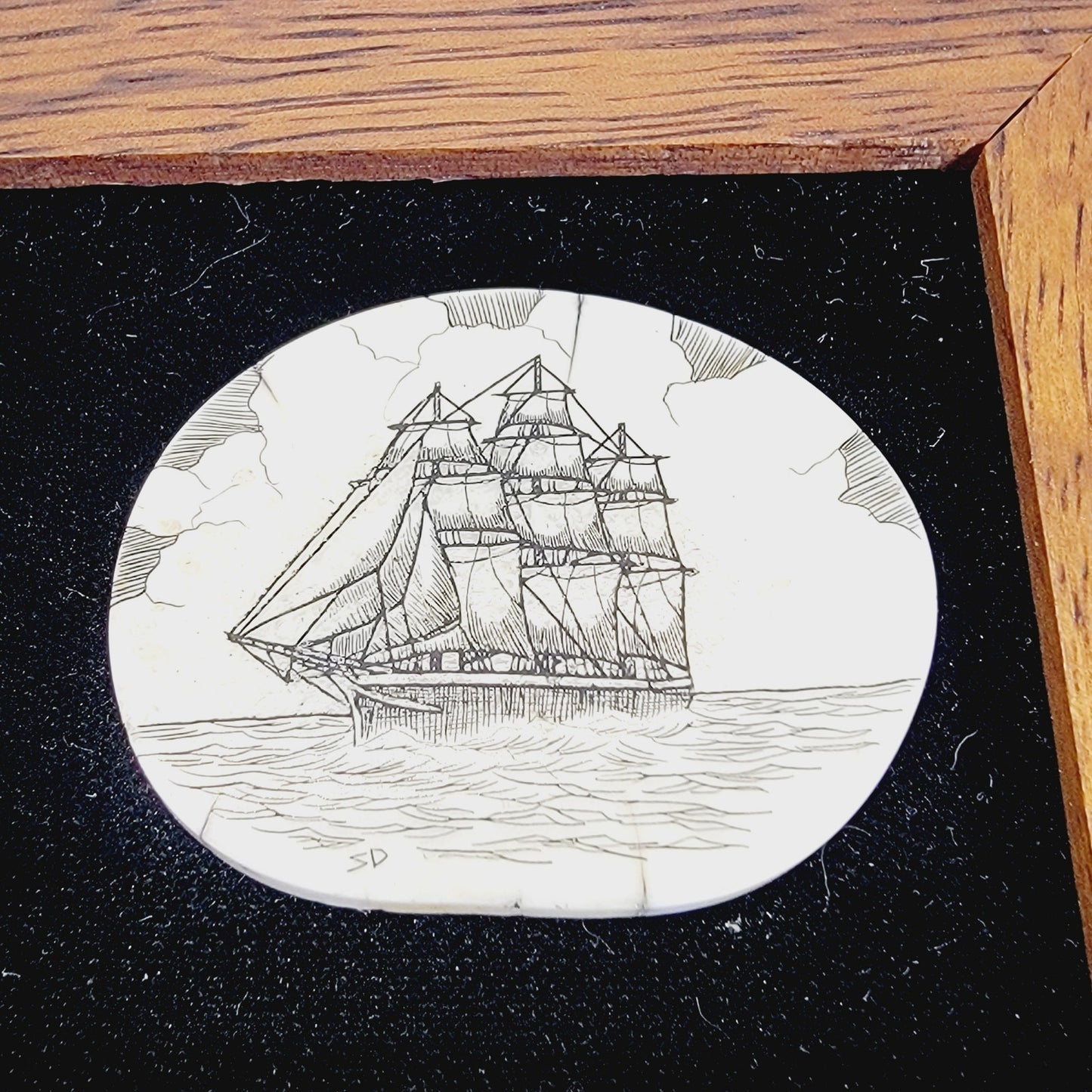 Vintage Framed Tall Ship Scrimshaw In Small Wood Frame, Nautical Decor