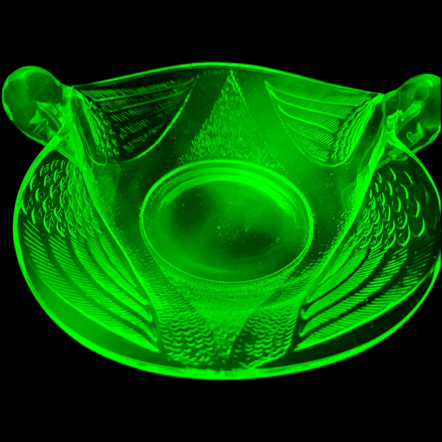 Fenton Dugan Uranium Glass Seagull Dish Swan Double Handle Green Glow Vintage