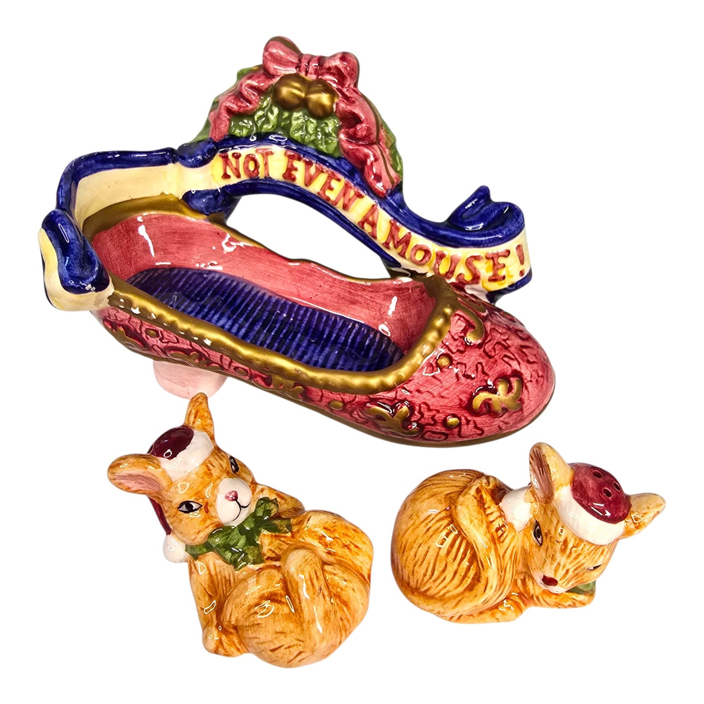 Vtg "Not Even A Mouse" Salt & Pepper in Shoe Hermitage Pottery Holiday Christmas