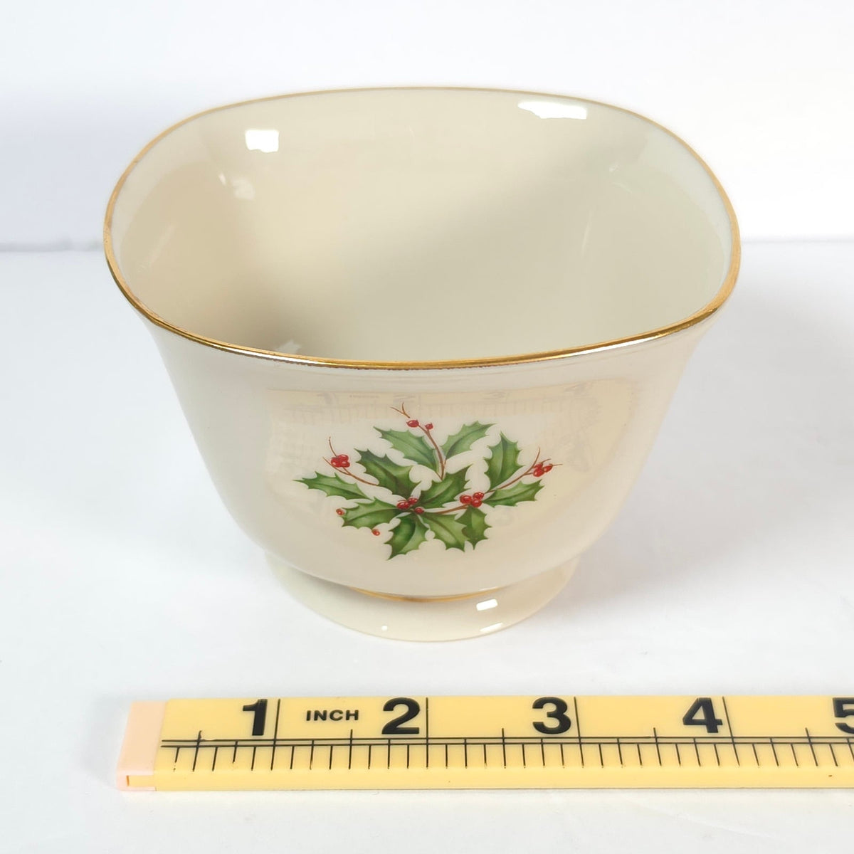 Vintage Lenox Holiday Holly Berry Footed Square Bowl Gold Trim Made in USA