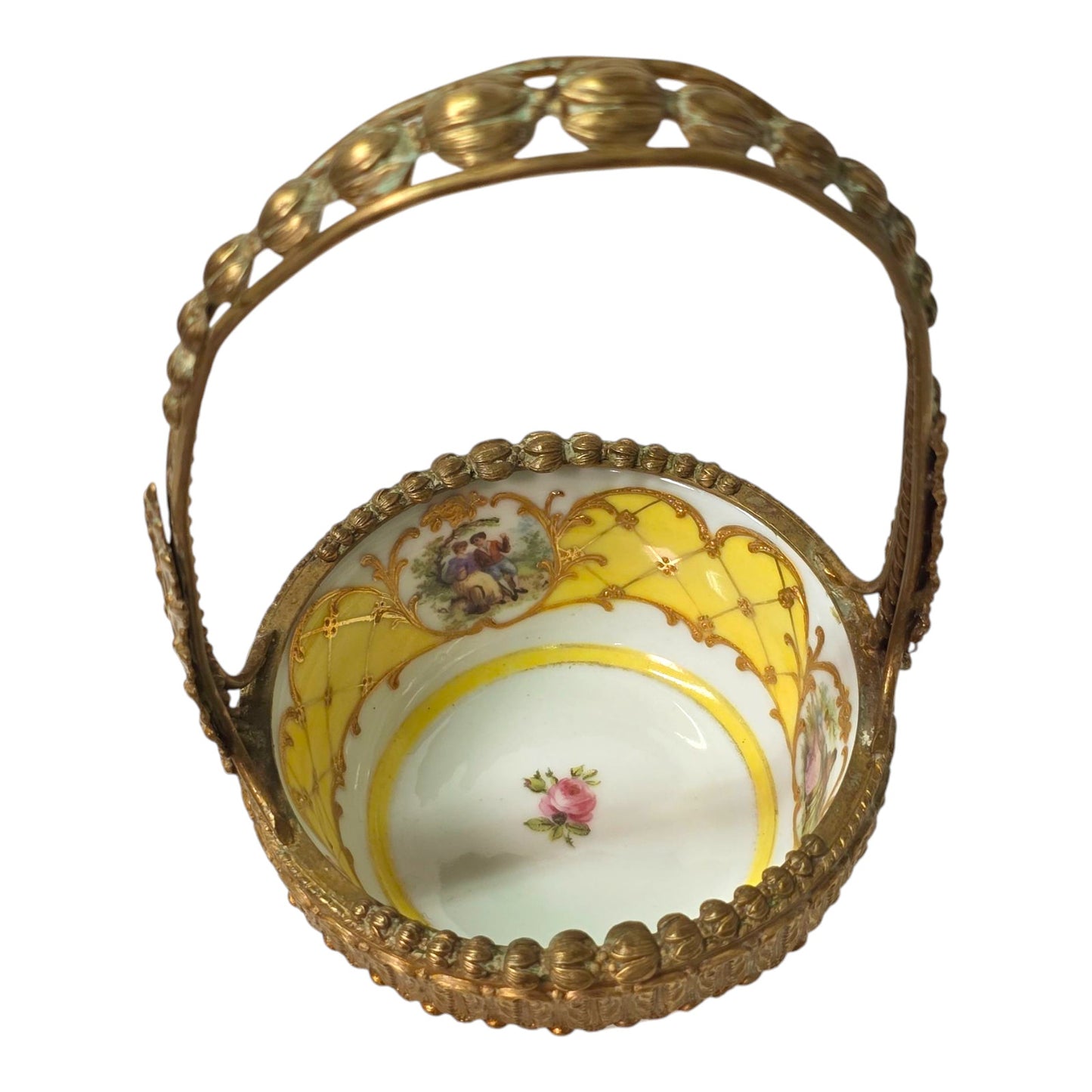 Antique Gebruder Heubach Germany Porcelain Basket with Courting Couples Flower Girl Basket