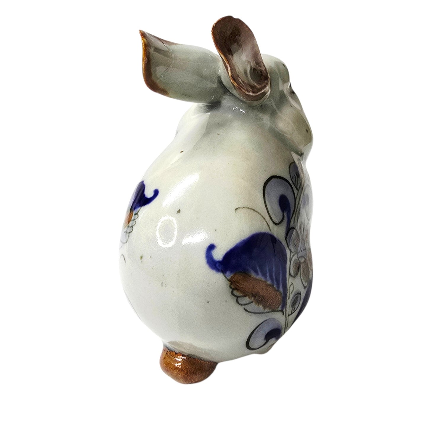 Vtg Tonala Mexico Pottery Rabbit Figurine Blue Floral Hand Painted AS IS Repair
