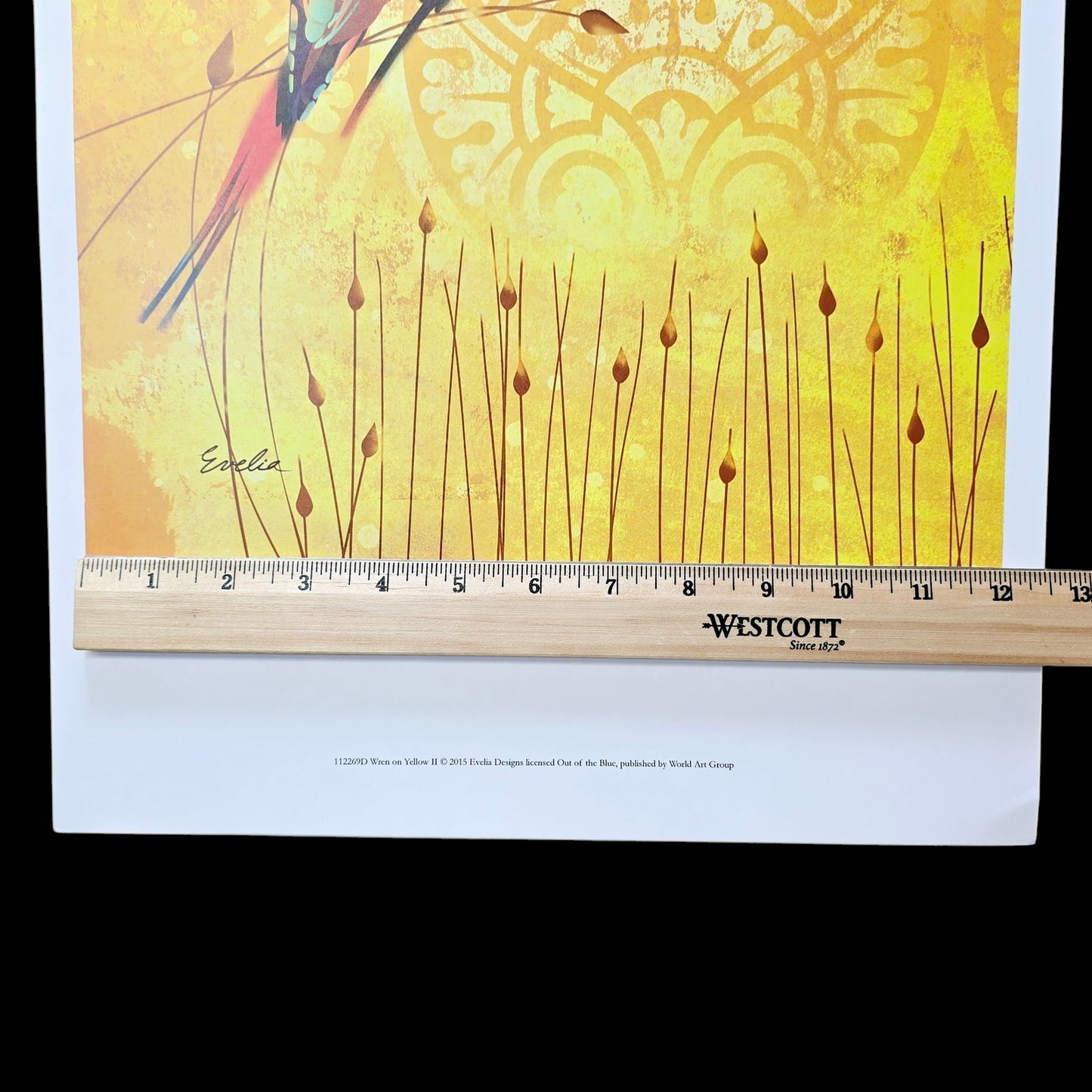 Set of 2 Wren Bird Art Prints: Wren on Yellow I and II, 2015 Evelia Designs, Licensed Out of the Blue, Published by World Art Group