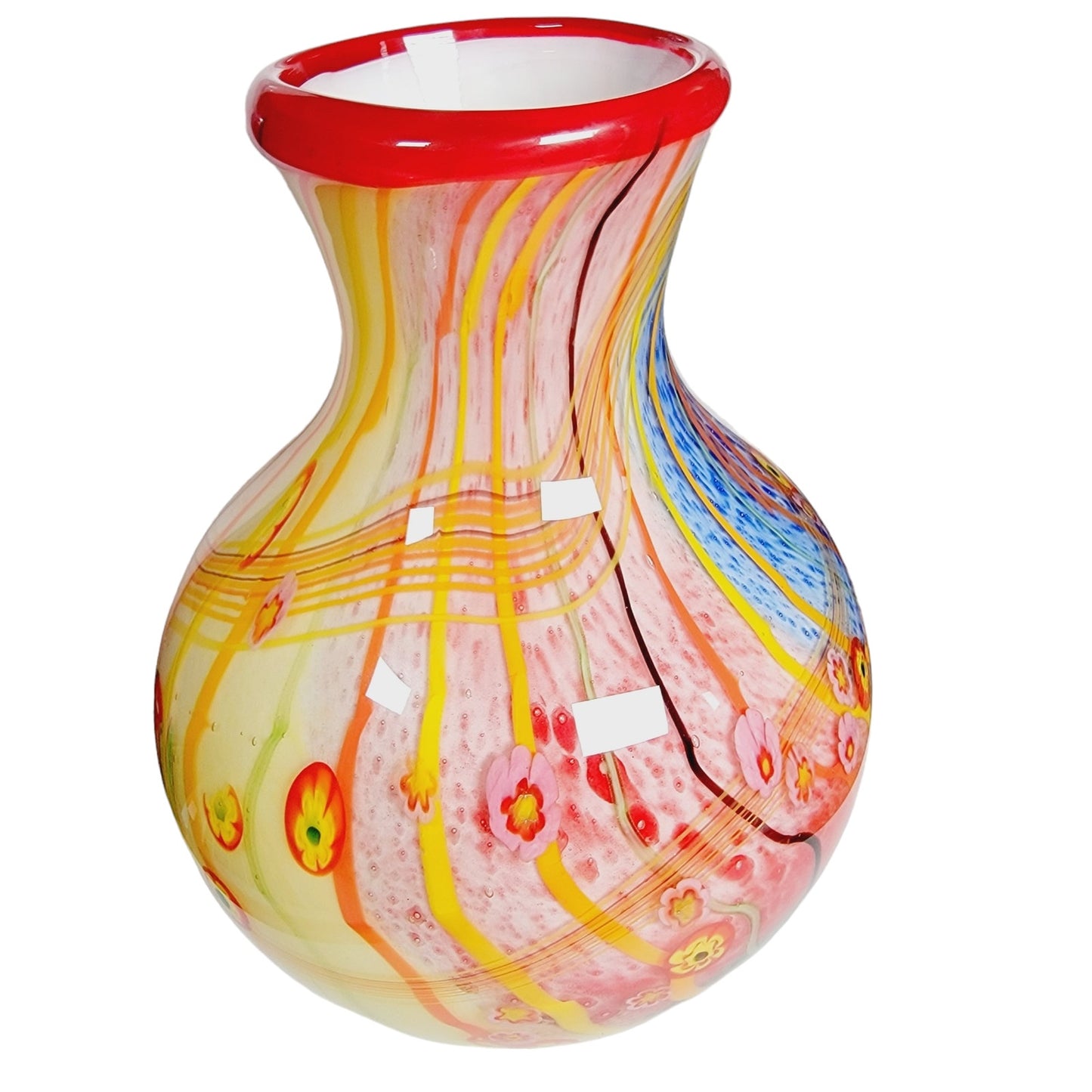 Large Murano Style Art Glass Vase Millefiori Hand-Blown Cased Glass 9.5"