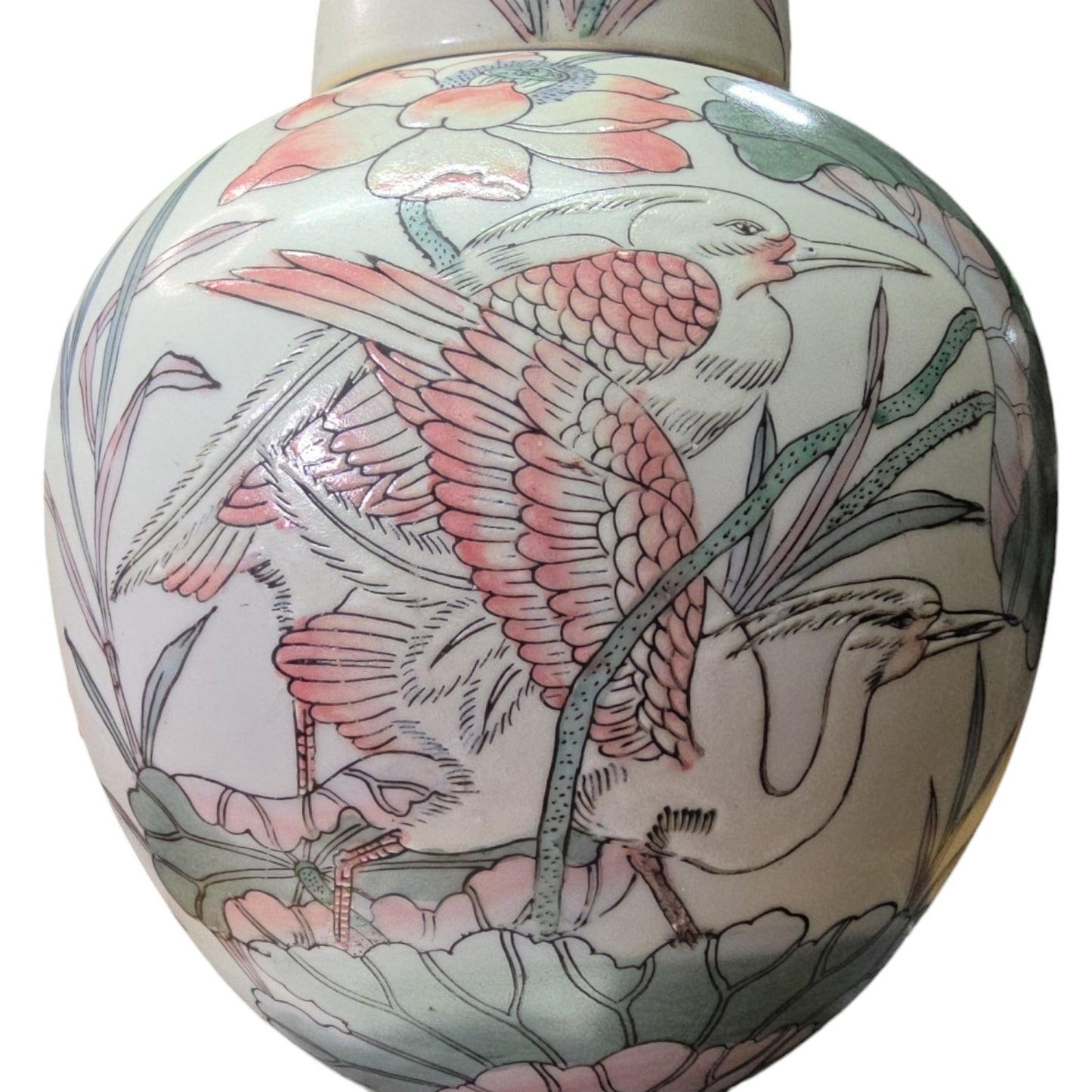 Vintage Asian Porcelain Ginger Jar with Lid, Floral Pattern with Birds in Pastel Mint and Peach