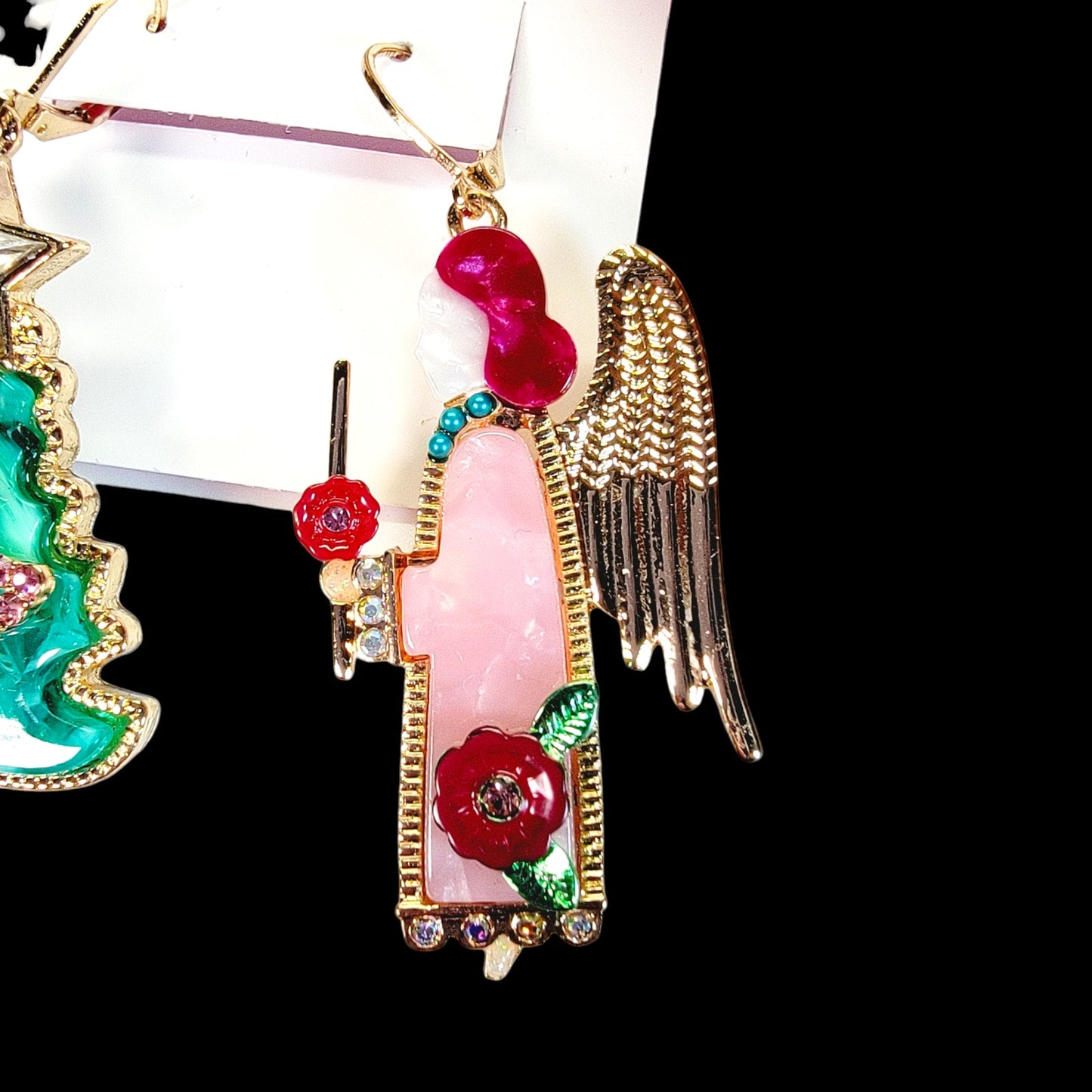 New Betsey Johnson Feliz Navidad Tree & Angel Mismatch Drop Earrings