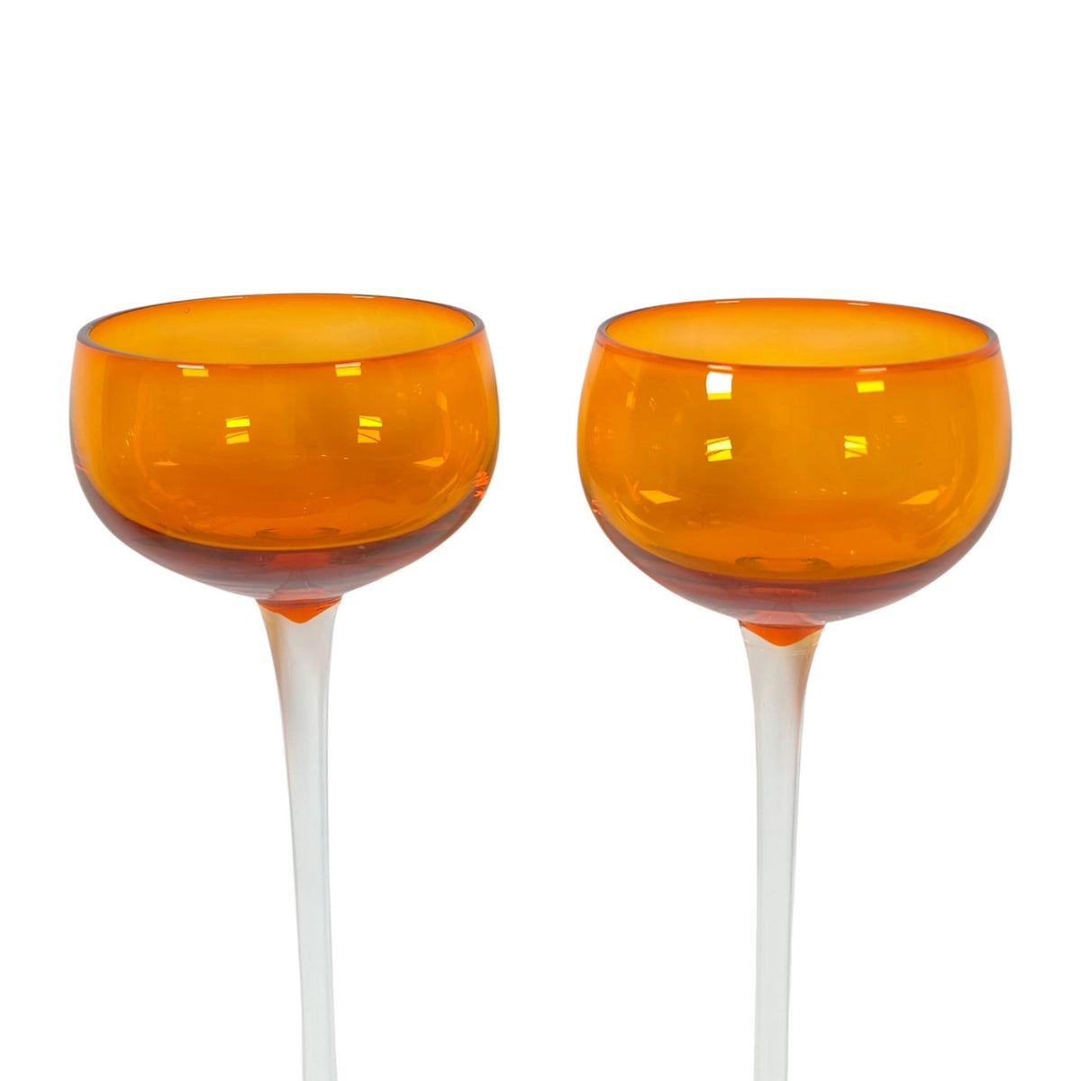Vtg Roscher & Co. Amber Orange Long Stem Cocktail Glasses Set of 2 UV React 8.5"