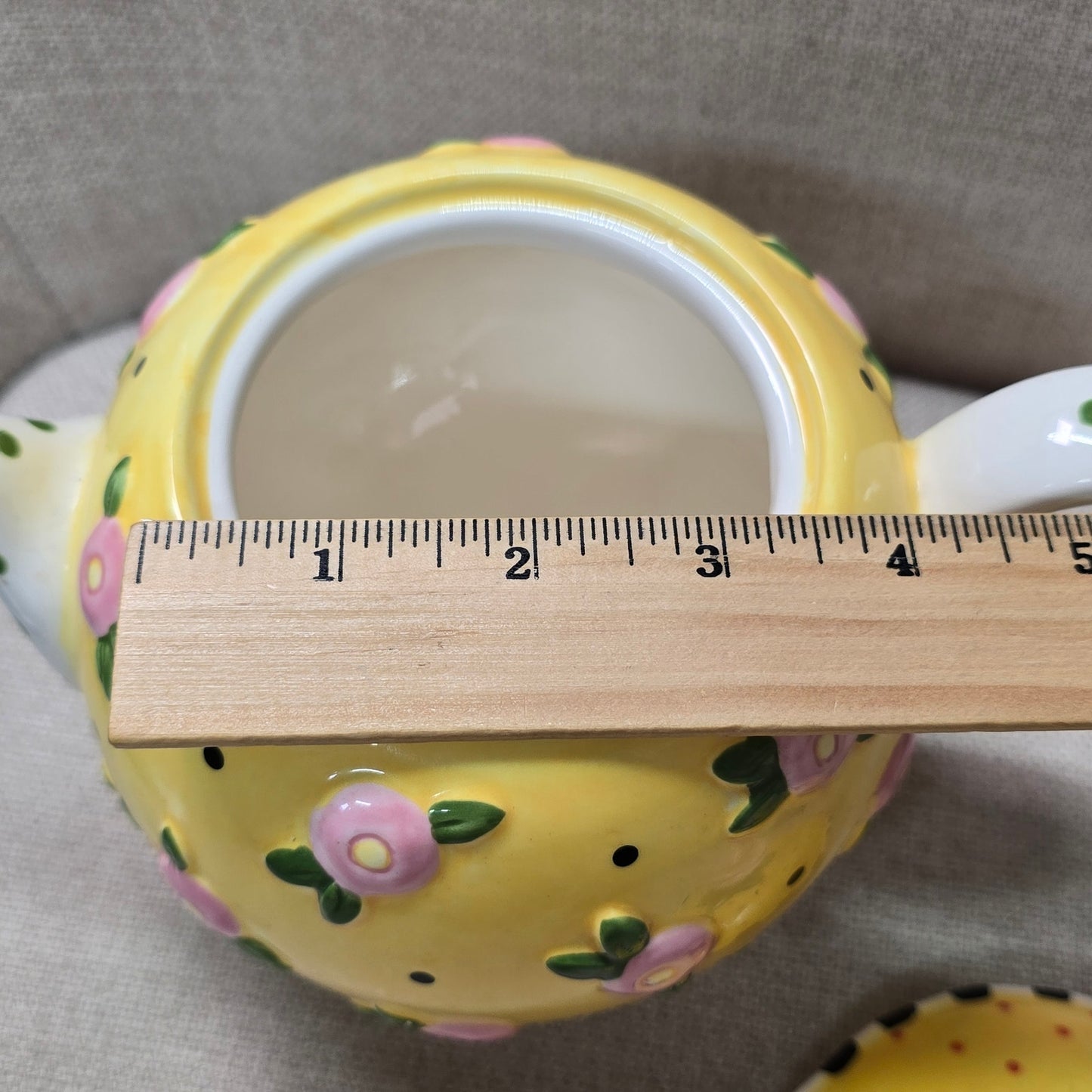 AS IS VTG 1997 ME Mary Engelbreit Ceramic Teapot, Yellow Pink Flower 8”, Flaw