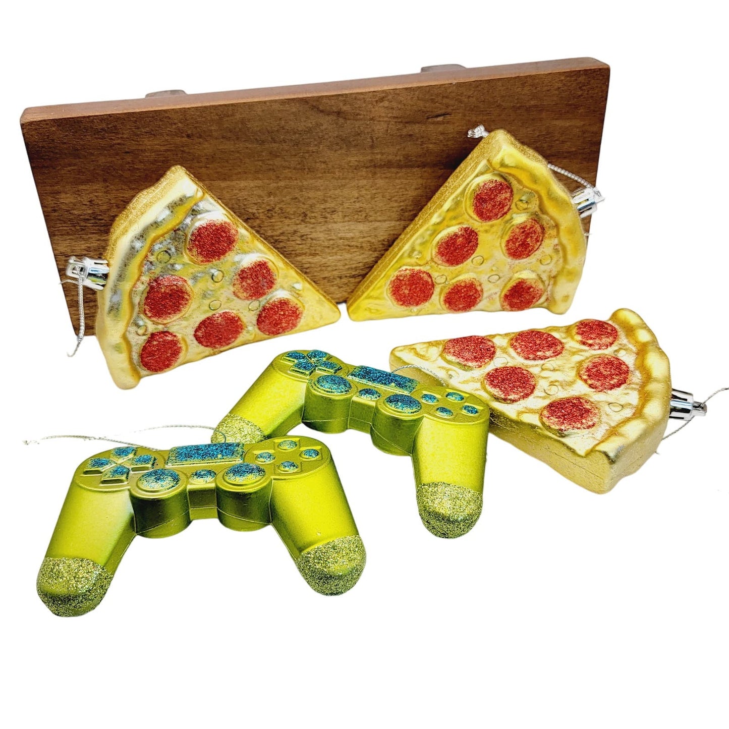 Set of 5 Glitter Ornaments 3 Pizza Slice Ornaments and 2 Gamer Control Ornaments