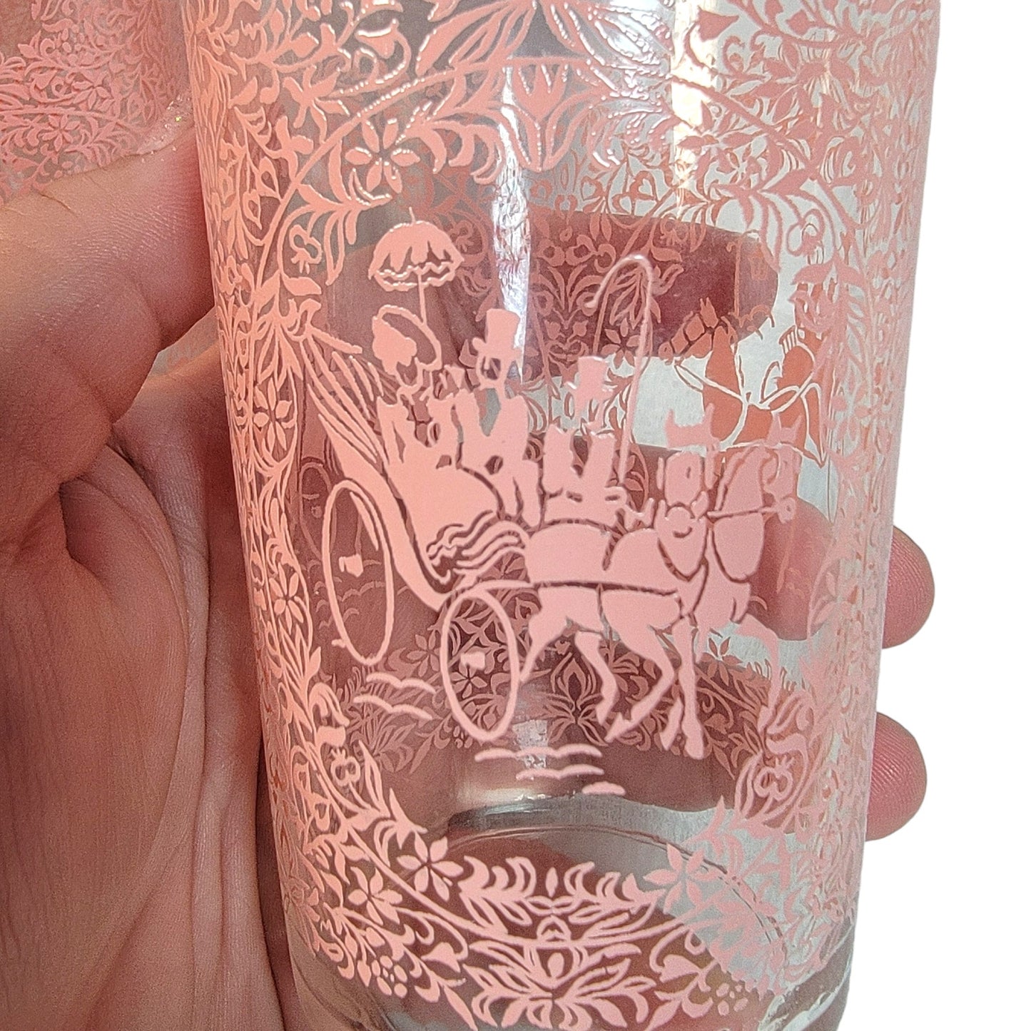 Set of 8 Hazel Atlas Monticello Pink Horse and Carriage Glass Tumblers 5"