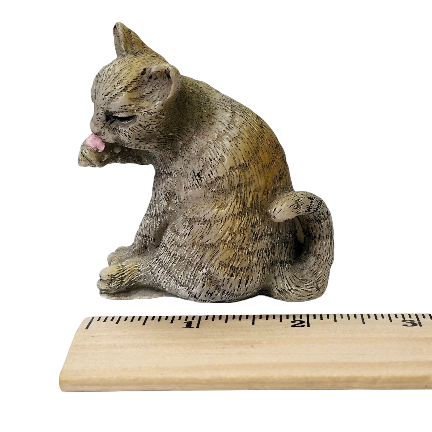 Vintage Resin Cat Licking Paw Beige Orange Cat Kitten Figurine