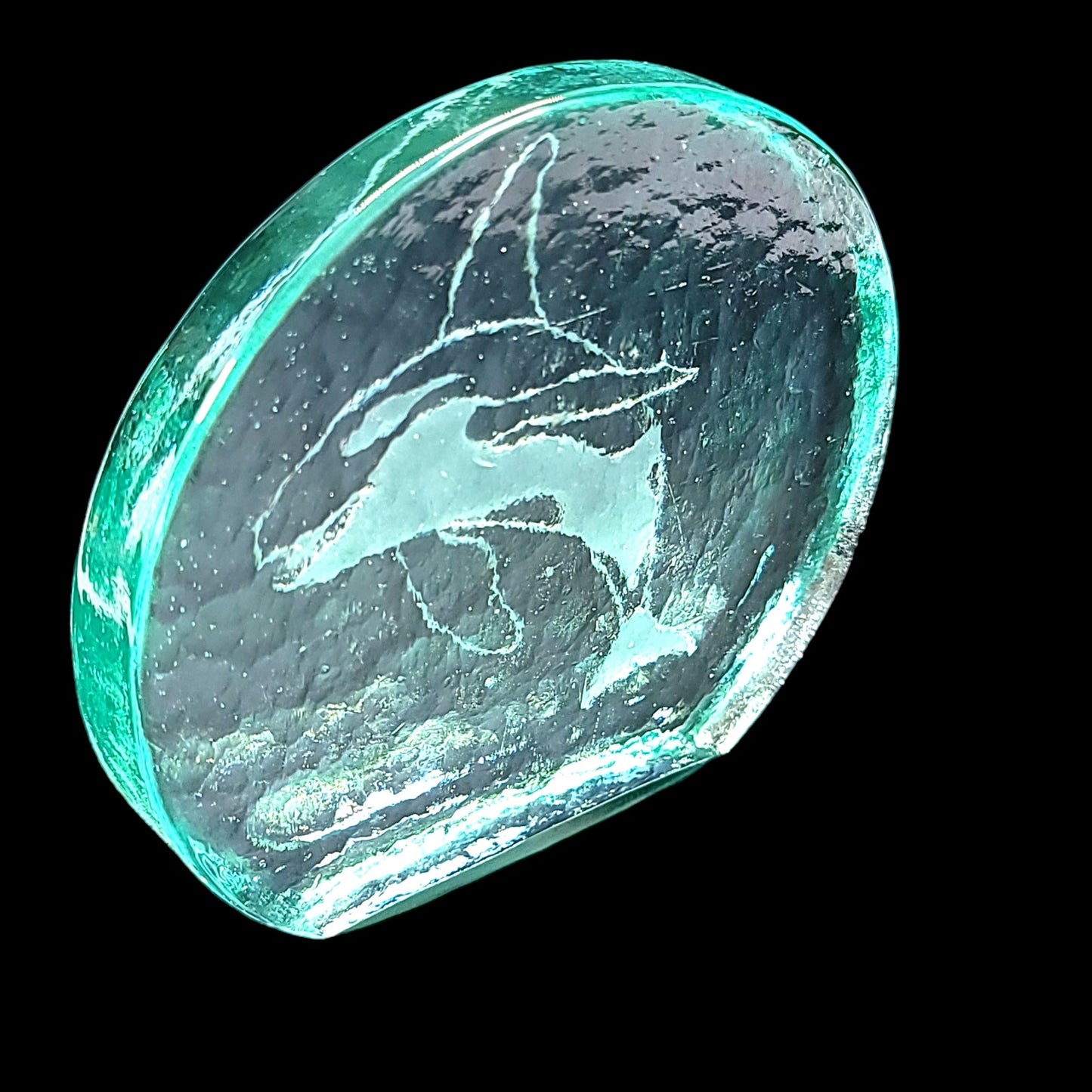 Etched Glass Orca Whale / Killer What Paperweight Figurine, Recycled Glass Whale