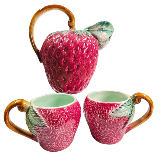 Vtg Ancora Strawberry Pitcher & 2 Mugs Vintage Ancora Made In Italy Cottage Core