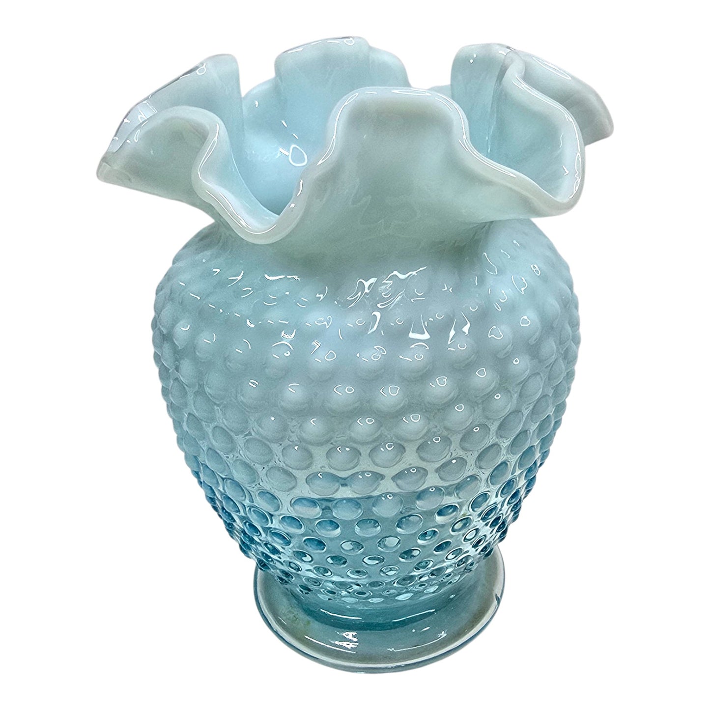 Fenton Aqua Blue Opalescent Hobnail Vase Uranium Reactive Ruffled Top Art Glass