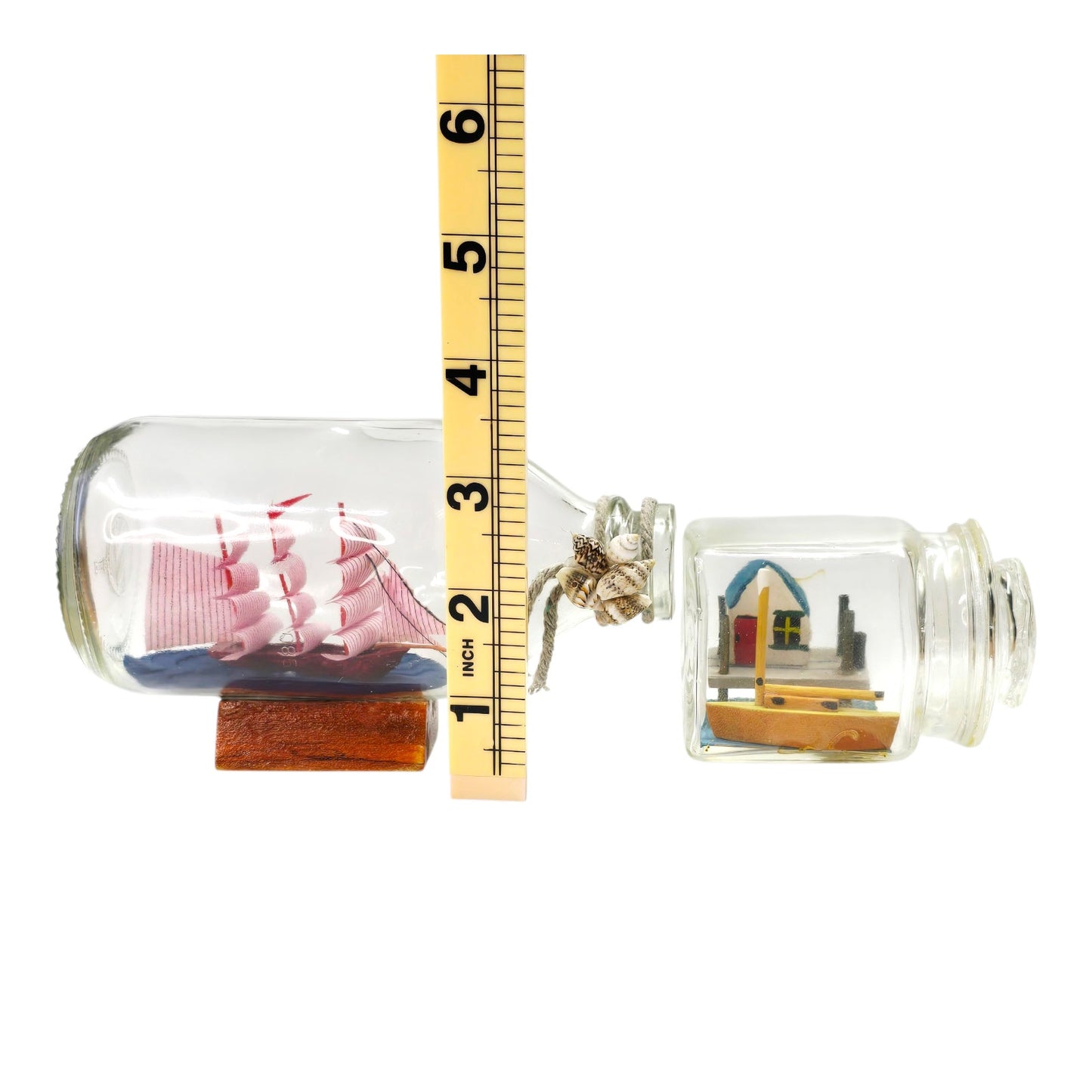 Lot 2 Ship in Bottle Nautical Sailboat House Scene Miniatures Glass Jar Decor