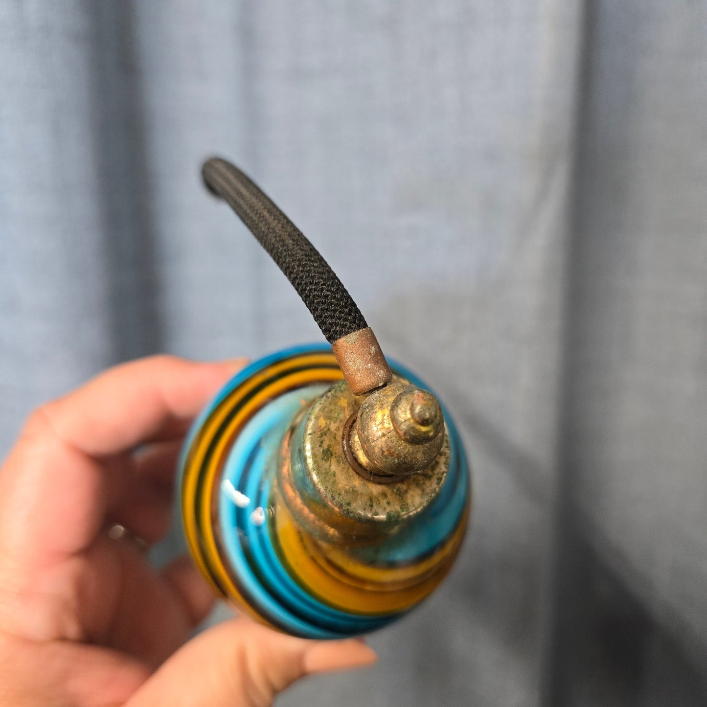 Vintage Art Glass Blue Amber Striped Perfume, Missing Atomizer