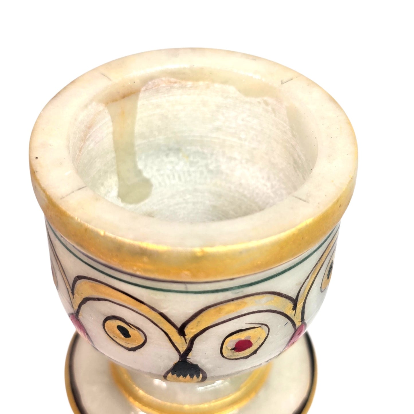 Vintage Indian Meenakari Marble Candle Holder Hand Painted Gold Accents 6"