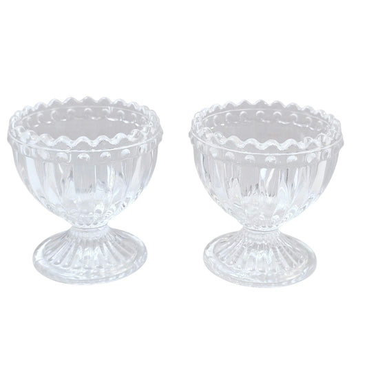 Set of 2 Vintage Sawtooth Egg Cups Pearl Dot Edge, Ribbed Boiled Egg Holders, Easter Egg Holder