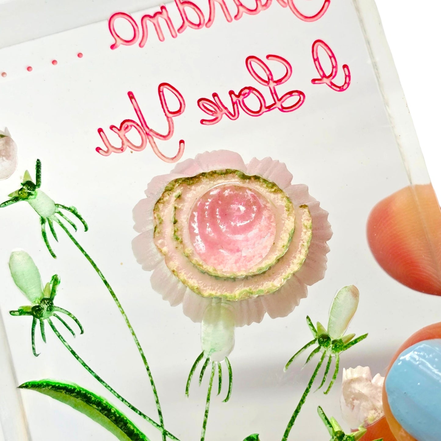 Vintage Lucite Paperweight Pink Carnation Grandma I Love You Flower Acrylic Art nbran