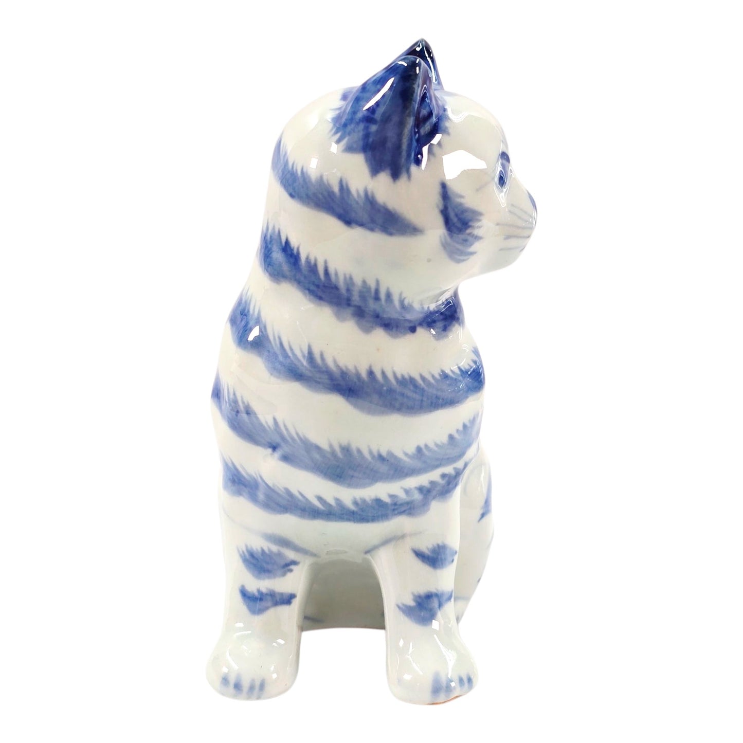 Vintage Porcelain Cat Figurine White with Blue Stripes