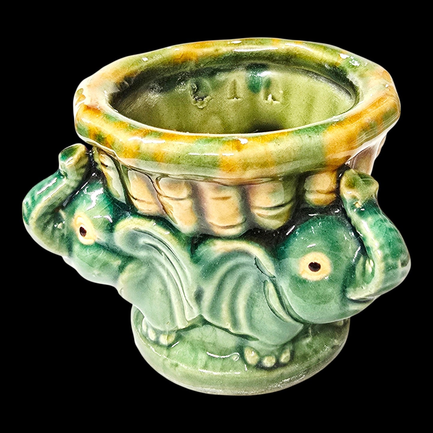 Vintage Majolica Style Elephant Planter Green Drip Glaze Ceramic Lucky Elephants
