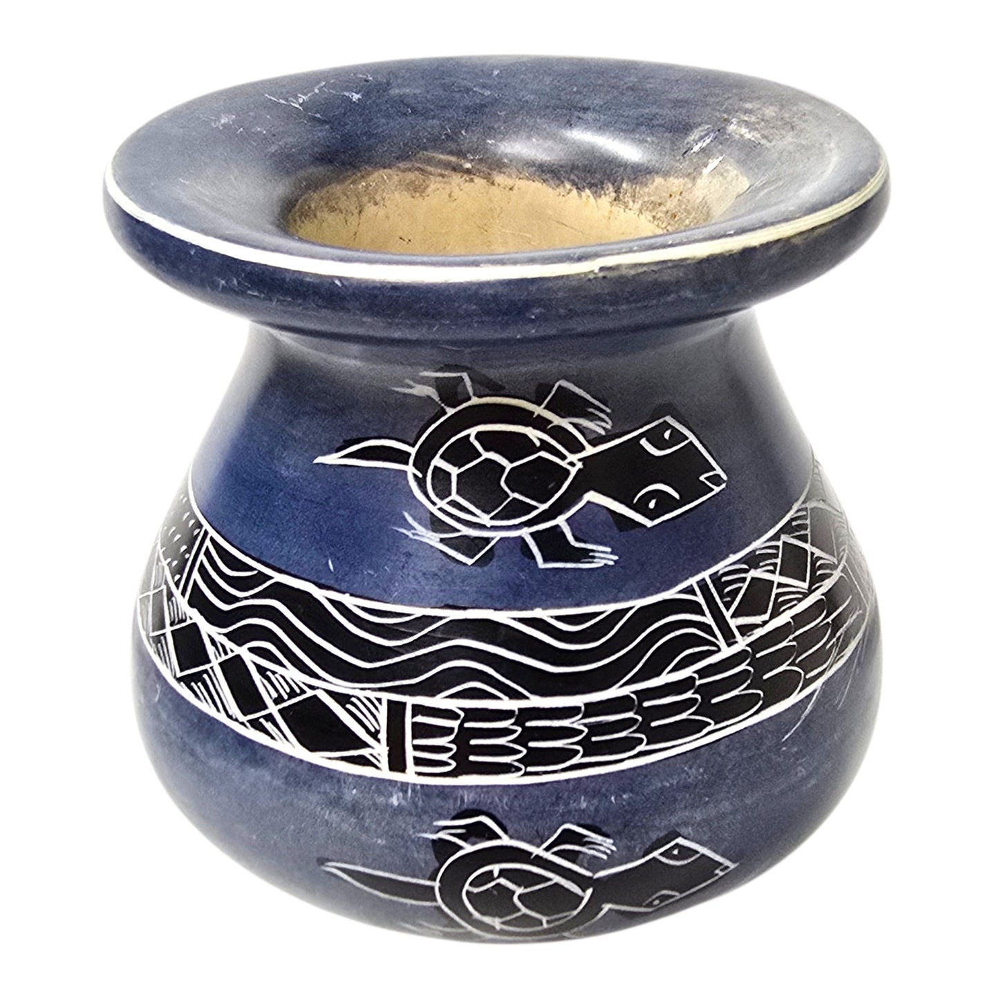Soapstone Turtle Vase Carved Tribal Etched Animal Motif Decorative Collectible