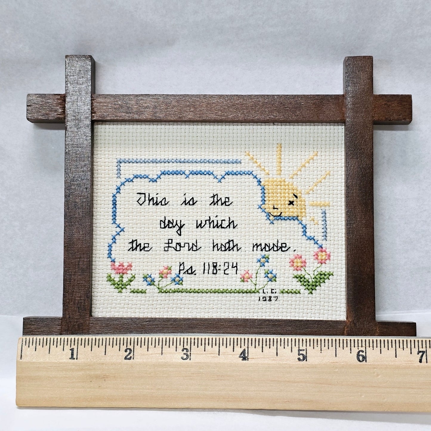 Vtg Framed Cross-Stich Embroidery in Wooden Frame with Bible Verse Ps 118:24