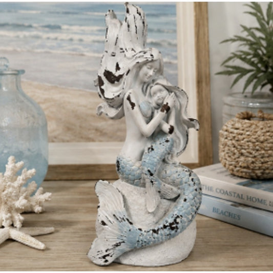 Mermaid Mother Child Figurine Undersea Fantasy Resin Statue Coastal Rustic Beach