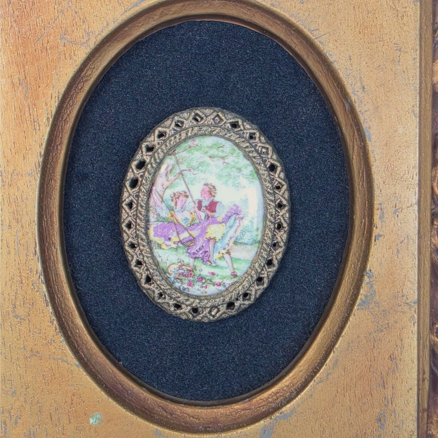 Vintage Courting Couple Miniature Portrait Plaque Ornate Frame Made in USA