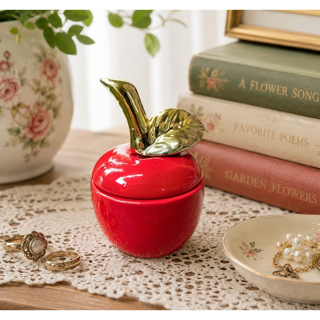 Vintage Red Apple Lidded Ceramic Trinket Box Gold Stem Leaf Glossy Farmhouse