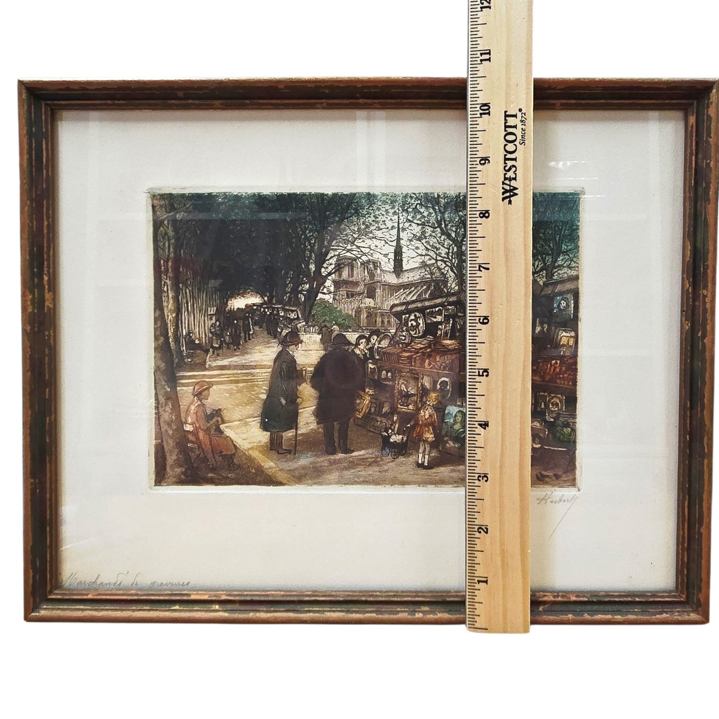 Signed Huberly Paris Scene HandColored Etching Marchands de gravures Notre Dame